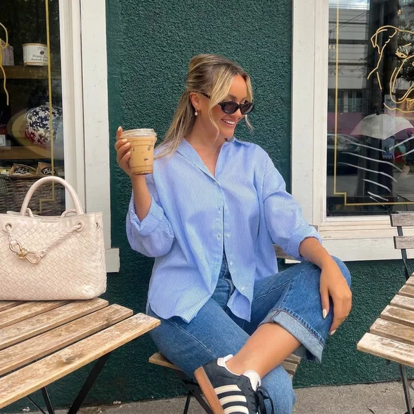 Pinstripe Button-Down with Cuffed Straight Jeans