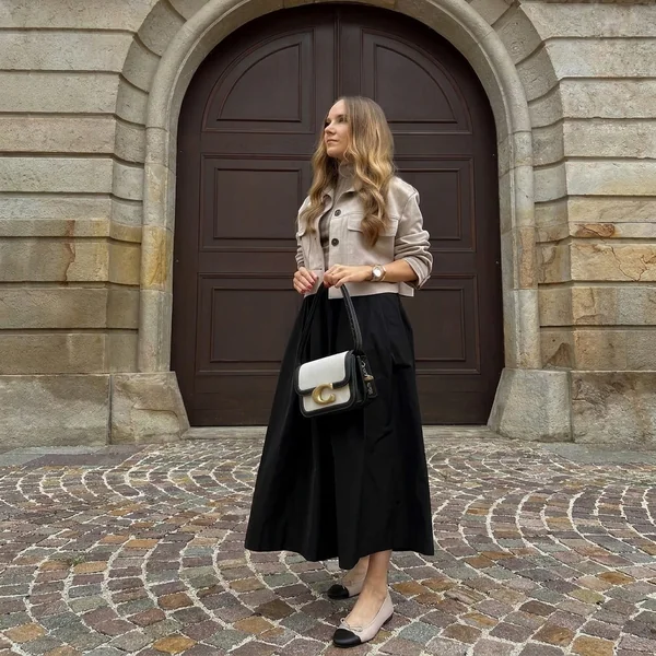 Cropped Jacket and Black Maxi Skirt