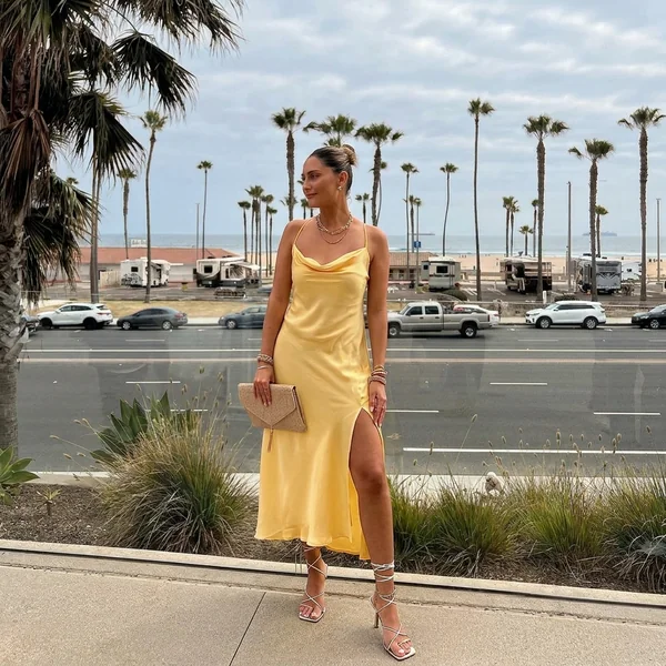 Yellow Silk Cowl-Neck Slip Dress