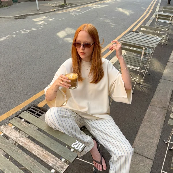 Cream Oversized Tee with Blue Striped Trousers