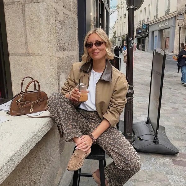 Leather-Trimmed Bomber and Leopard Pants