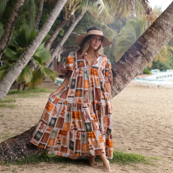 Palm Patchwork Tiered Maxi Dress