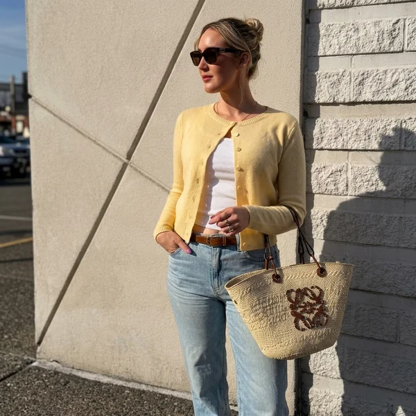 Pastel Yellow Cardigan with Light Wash Jeans