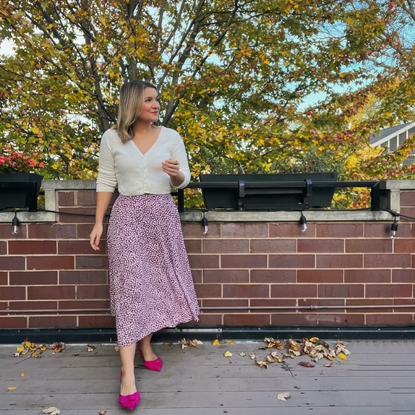 Ribbed Cardigan & Printed Midi Skirt