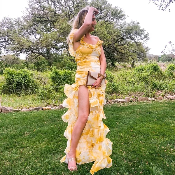 Mustard Floral Tiered Ruffled Maxi Dress