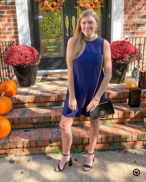 Navy Embellished High-Neck Shift Dress