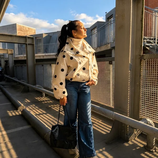 Polka Dot Bomber with Wide-Leg Jeans