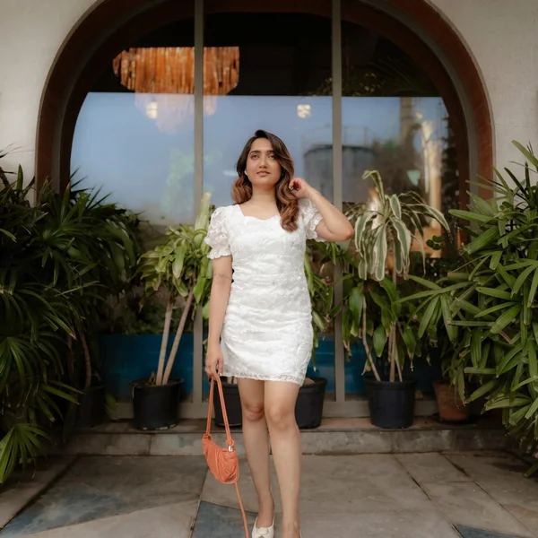 White Puff-Sleeve Textured Lace Mini Dress