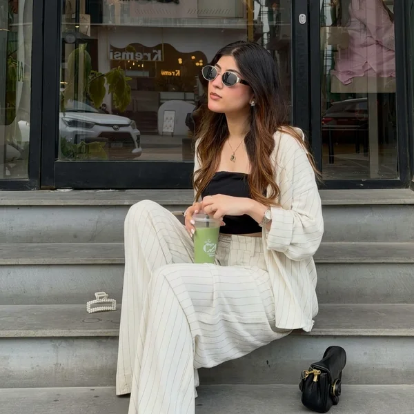 White shirt pinstripe co ord set with tube top