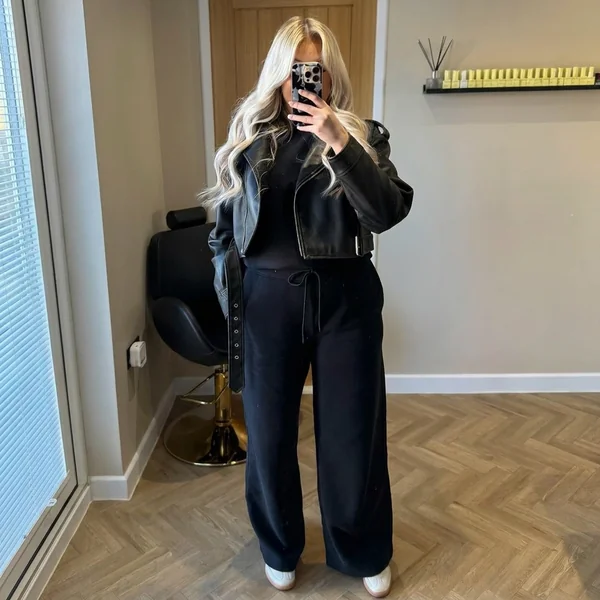 Cropped Leather Jacket with Wide-Leg Sweatpants