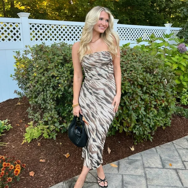 Strapless Abstract Print Mesh Midi Dress