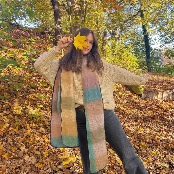 Cream Sweater and Plaid Scarf