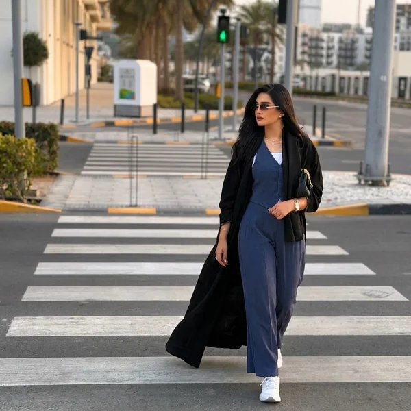 Slate Blue Suit with Black Open Abaya