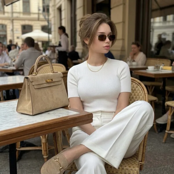 White Ribbed Knit and Wide-Leg Trousers