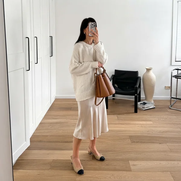 Oversized Sweater & Satin Midi Skirt