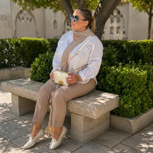 Relaxed white shirt with beige trousers outfit