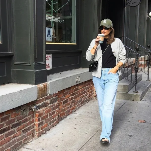 Grey Knit Cardigan with Light Wash Denim