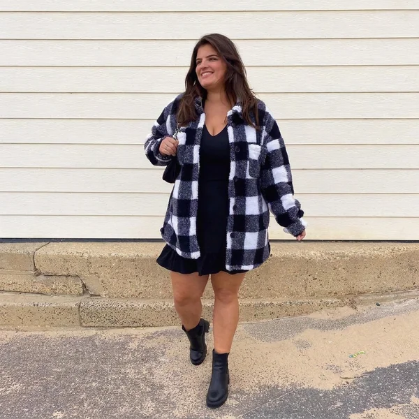 Black and White Fleece Plaid Shacket with Mini Dress