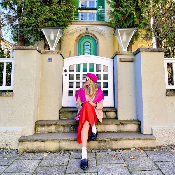 Tailored Blazer & Crimson Satin Skirt