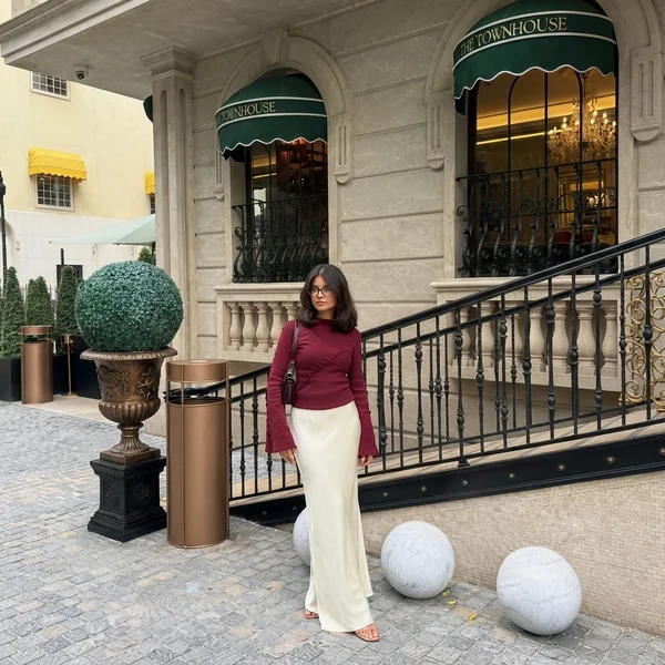 Maroon Knit Top with Cream Satin Maxi Skirt