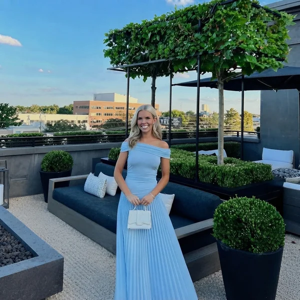 Off-The-Shoulder Pleated Light Blue Maxi Dress