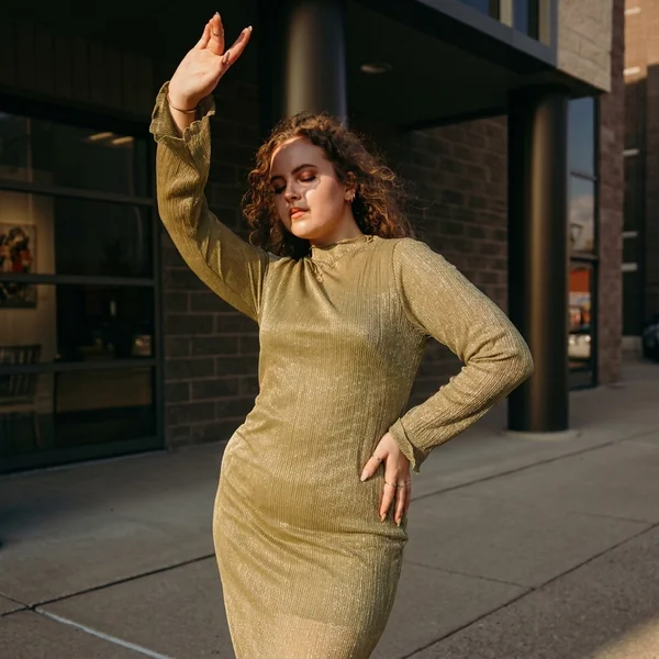 Olive Gold Metallic Plissé Midi Dress
